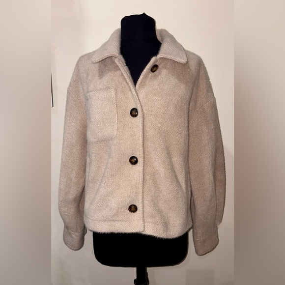 Greylin Anthropology Sz Medium Knit Beige Shirt Jacket Pockets Front Button - Picture 4 of 14